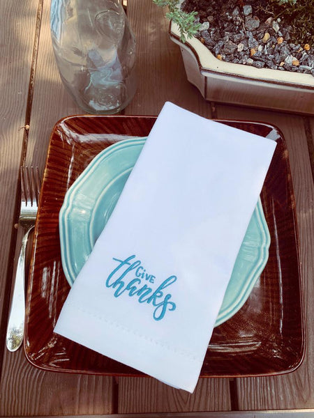 Thanksgiving Give Thanks Embroidered Cloth Dinner Napkins - Set of 4 napkins - White Tulip Embroidery