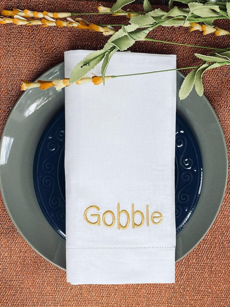 Thanksgiving "Gobble" Embroidered Cloth Dinner Napkins - Set of 4 napkins - White Tulip Embroidery