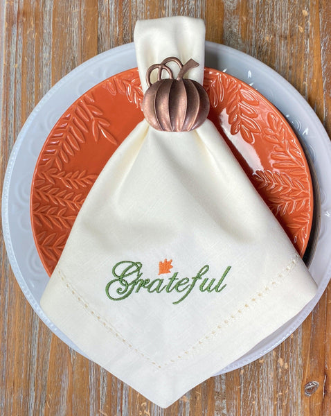 Thanksgiving Grateful Embroidered Cloth Dinner Napkins - Set of 4 napkins - White Tulip Embroidery