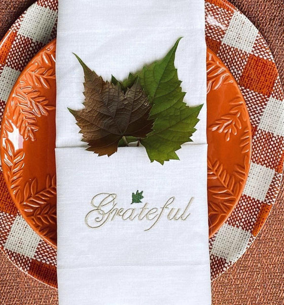 Thanksgiving Grateful Embroidered Cloth Dinner Napkins - Set of 4 napkins - White Tulip Embroidery