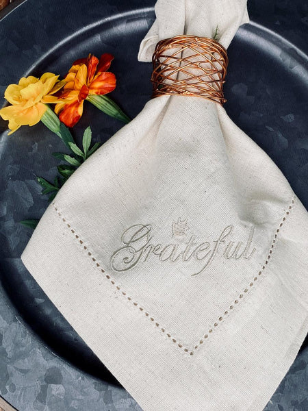 Thanksgiving Grateful Embroidered Cloth Dinner Napkins - Set of 4 napkins - White Tulip Embroidery