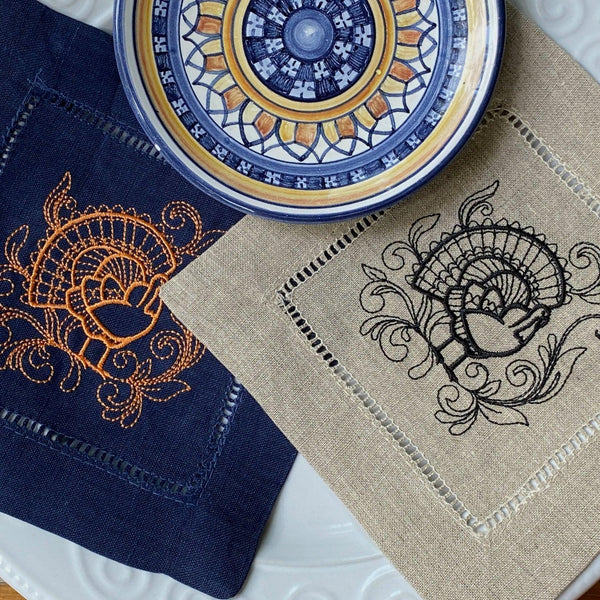 Thanksgiving Turkey Cloth Cocktail Napkins, Set of 4 - White Tulip Embroidery