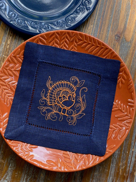 Thanksgiving Turkey Cloth Cocktail Napkins, Set of 4 - White Tulip Embroidery