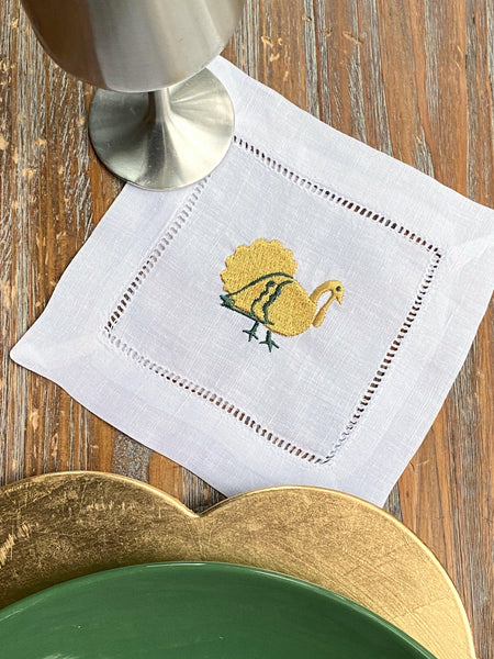Thanksgiving Turkey Cloth Cocktail Napkins, Set of 4 - White Tulip Embroidery