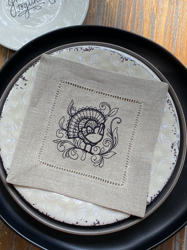 Thanksgiving Turkey Cloth Cocktail Napkins, Set of 4 - White Tulip Embroidery