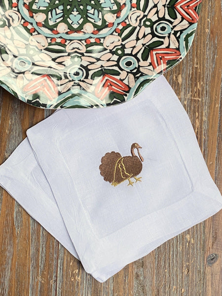 Thanksgiving Turkey Cloth Cocktail Napkins, Set of 4 - White Tulip Embroidery