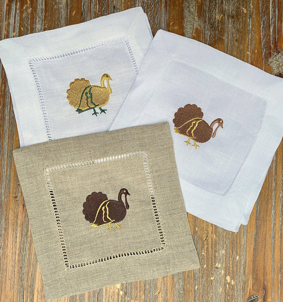 Thanksgiving Turkey Cloth Cocktail Napkins, Set of 4 - White Tulip Embroidery