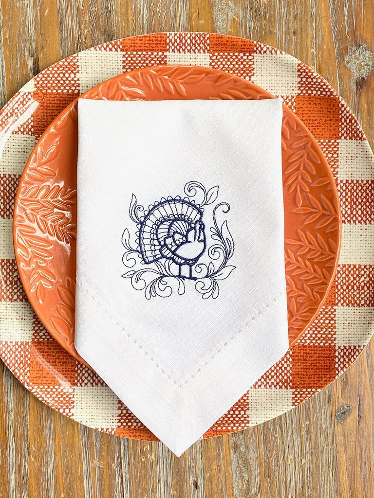 Thanksgiving Turkey Cloth Dinner Napkins - Set of 4 napkins - White Tulip Embroidery