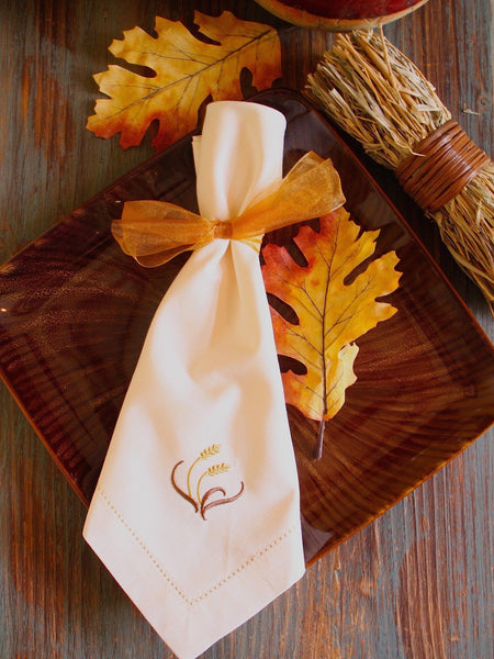 Thanksgiving Wheat Cloth Dinner Napkins - Set of 4 napkins - White Tulip Embroidery