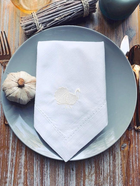 Traditional Thanksgiving Turkey Cloth Dinner Napkins - Set of 4 napkins - White Tulip Embroidery
