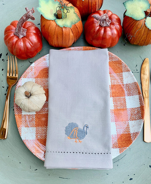 Traditional Thanksgiving Turkey Cloth Grey Napkins - Set of 4 napkins - White Tulip Embroidery