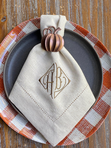 Triangle Double Initial Monogrammed Cloth Napkins - Set of 4 Duogram Napkins - White Tulip Embroidery
