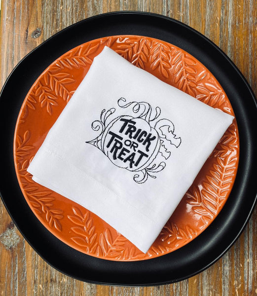 Trick or Treat Halloween Cloth Napkins - Set of 4 napkins - White Tulip Embroidery