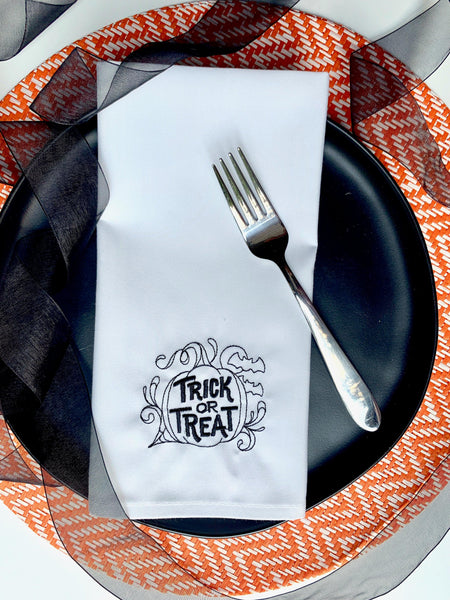 Trick or Treat Halloween Cloth Napkins - Set of 4 napkins - White Tulip Embroidery
