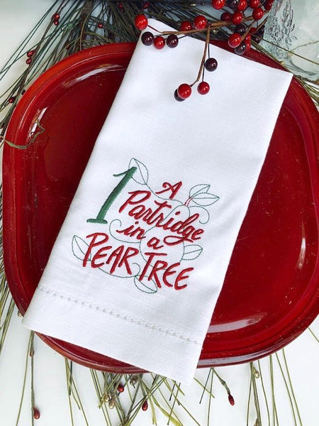 Twelve Days of Christmas Cloth Napkins - Set of 12 napkins - White Tulip Embroidery
