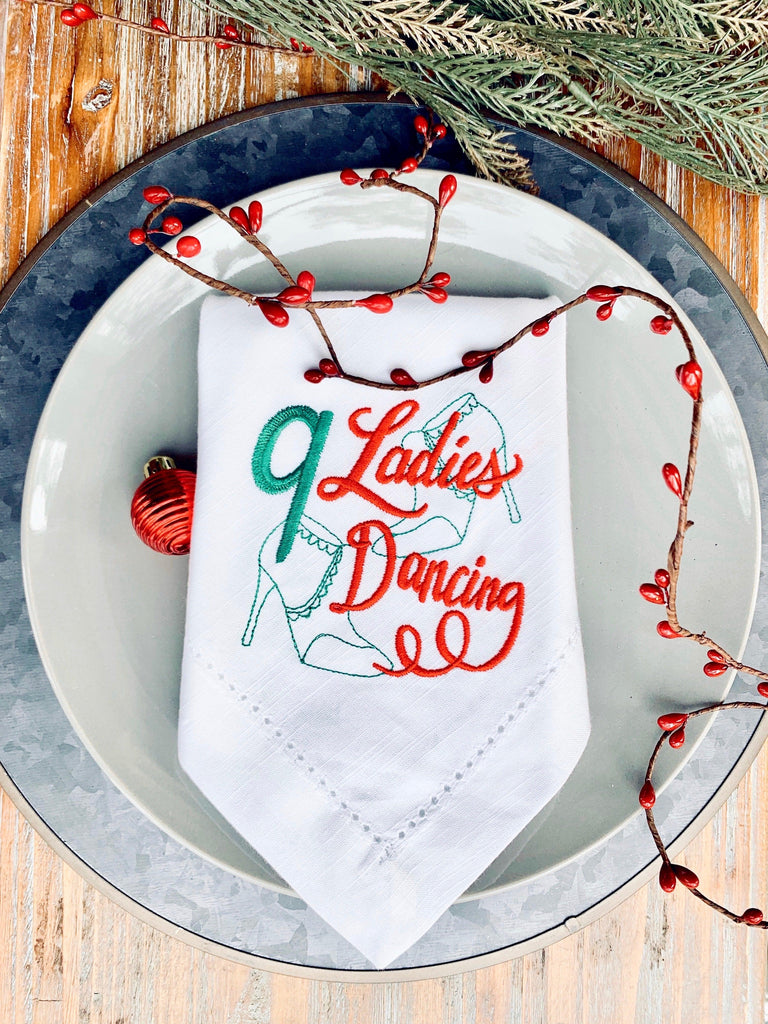 Twelve Days of Christmas Cloth Napkins - Set of 12 napkins - White Tulip Embroidery