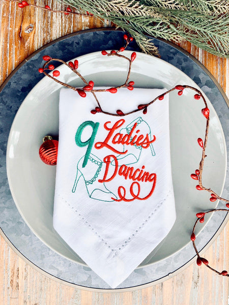 Twelve Days of Christmas Cloth Napkins - Set of 12 napkins - White Tulip Embroidery