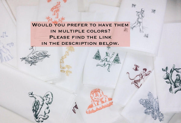 Twelve Days of Christmas Embroidered Cloth Napkins - Set of 12 napkins - White Tulip Embroidery