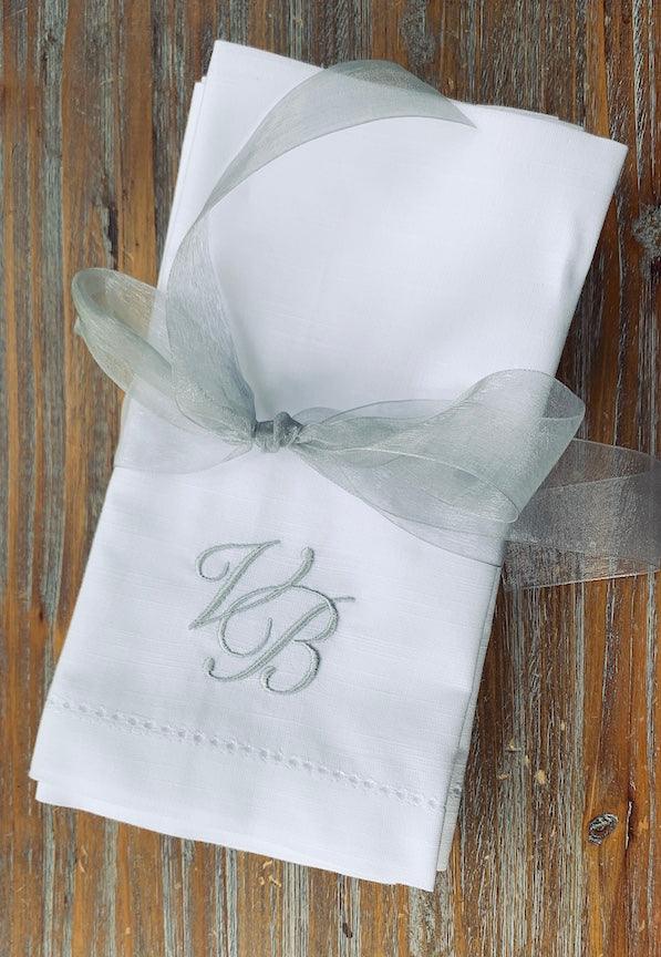 Two Initial Sophia Monogrammed Cloth Napkins - Set of 4 Duogram Napkins - White Tulip Embroidery
