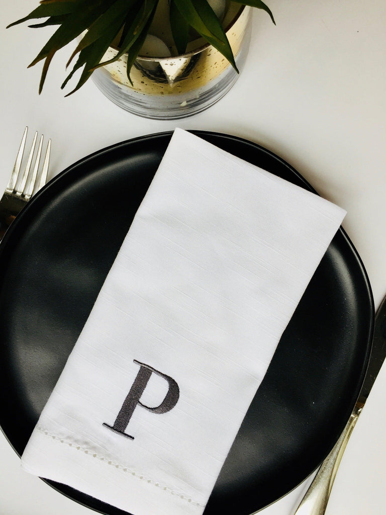 Type Font Monogrammed Cloth Dinner Napkins - Set of 4 napkins - White Tulip Embroidery