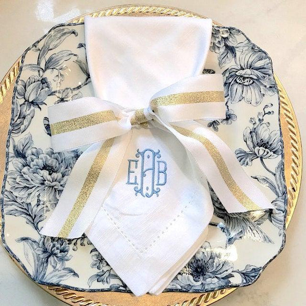 Venice Monogrammed Cloth Dinner Napkins - Set of 4 napkins - White Tulip Embroidery