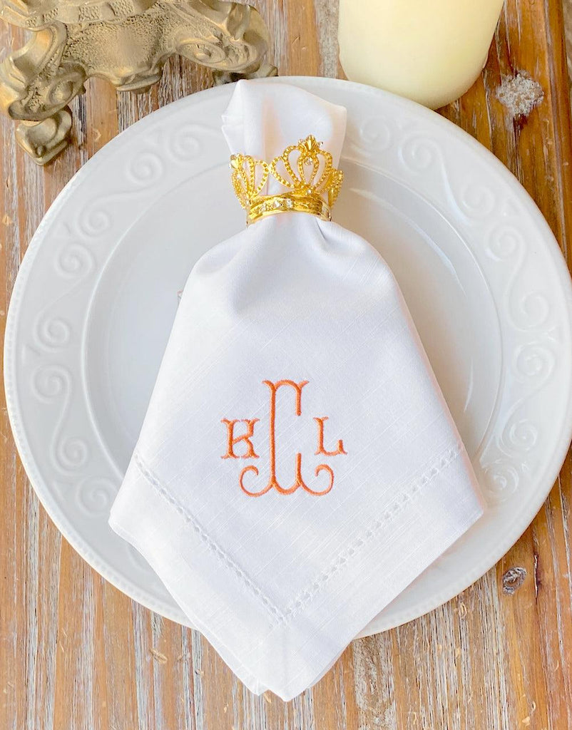 3 Letter Bulk Monogrammed Wedding Napkins, Set of 25, Embroidered Cloth Dinner Napkins - White Tulip Embroidery