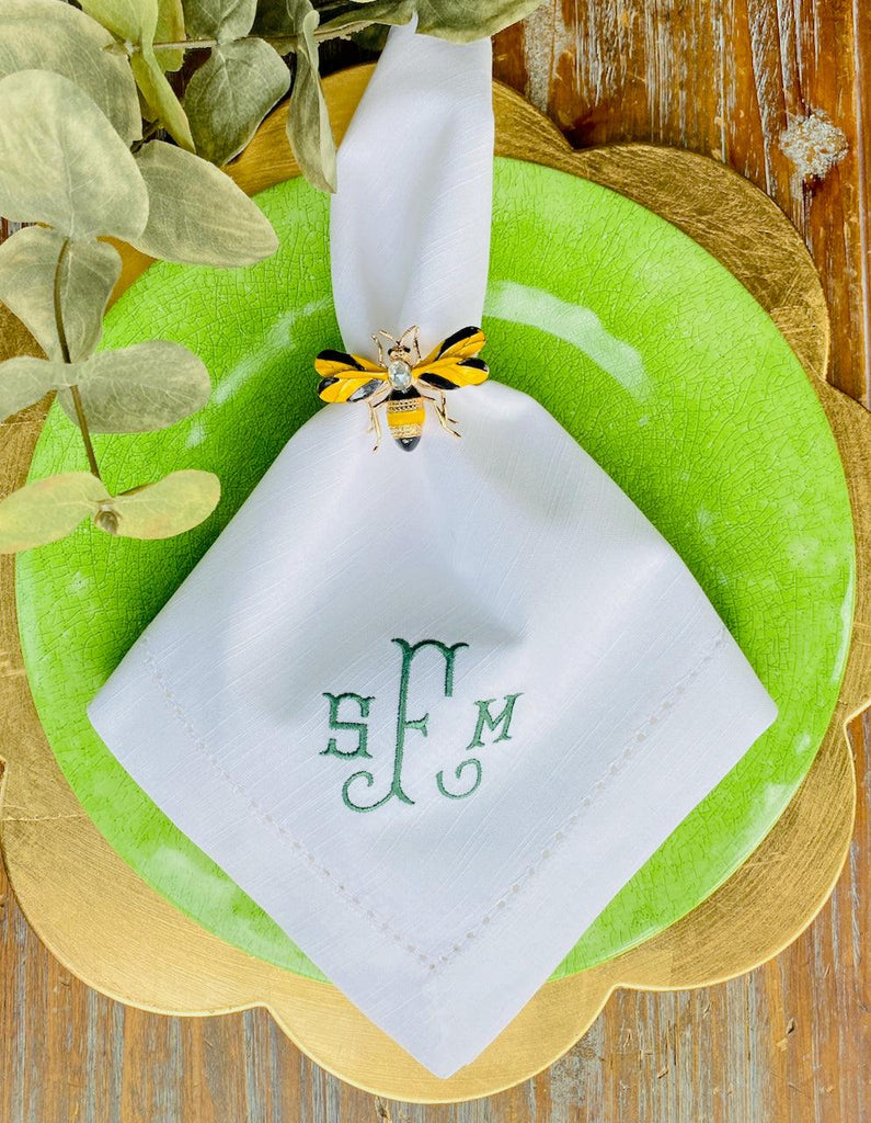 3 Letter Bulk Monogrammed Wedding Napkins, Set of 75, Embroidered Cloth Dinner Napkins - White Tulip Embroidery