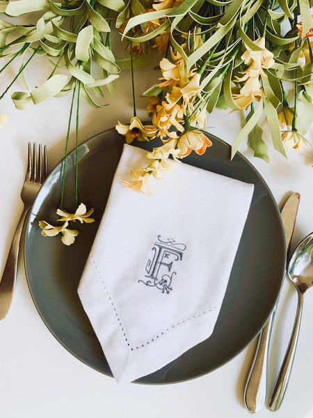 Victoria Monogrammed Embroidered Cloth Dinner Napkins - Set of 4 napkins - White Tulip Embroidery