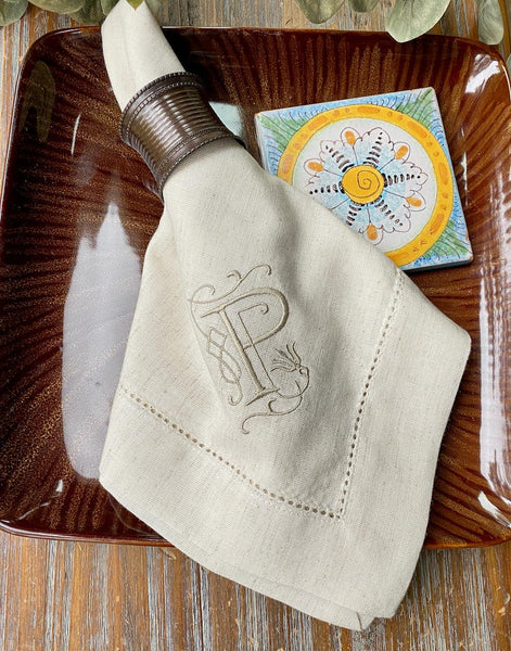 Victoria Monogrammed Embroidered Cloth Dinner Napkins - Set of 4 napkins - White Tulip Embroidery