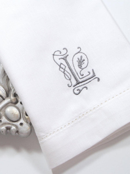 Victoria Monogrammed Embroidered Cloth Dinner Napkins - Set of 4 napkins - White Tulip Embroidery
