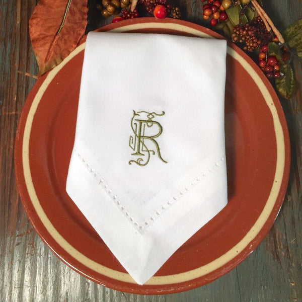 Victoria Monogrammed Embroidered Cloth Dinner Napkins - Set of 4 napkins - White Tulip Embroidery