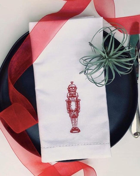 Victorian Nutcracker Cloth Napkins - Set of 4 napkins - White Tulip Embroidery