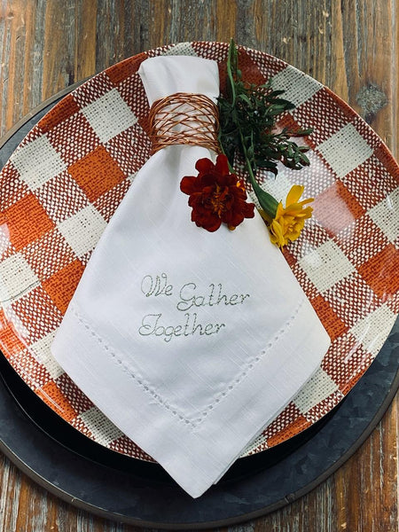 We Gather Together Thanksgiving Cloth Dinner Napkins - Set of 4 napkins - White Tulip Embroidery