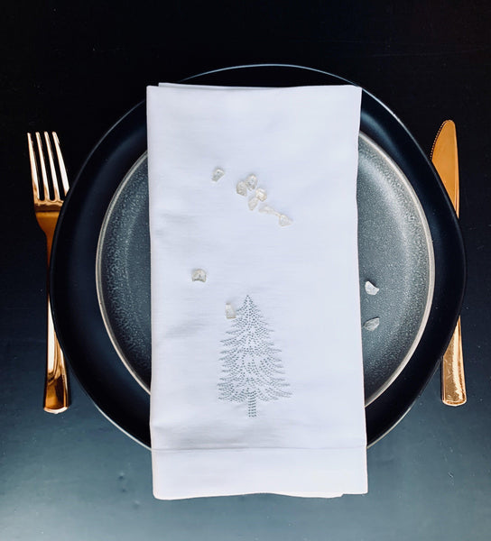 Woodland Christmas Tree Embroidered Cloth Napkins - Set of 4 napkins - White Tulip Embroidery
