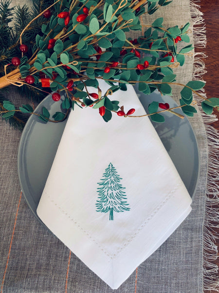 Woodland Christmas Tree Embroidered Cloth Napkins - Set of 4 napkins - White Tulip Embroidery