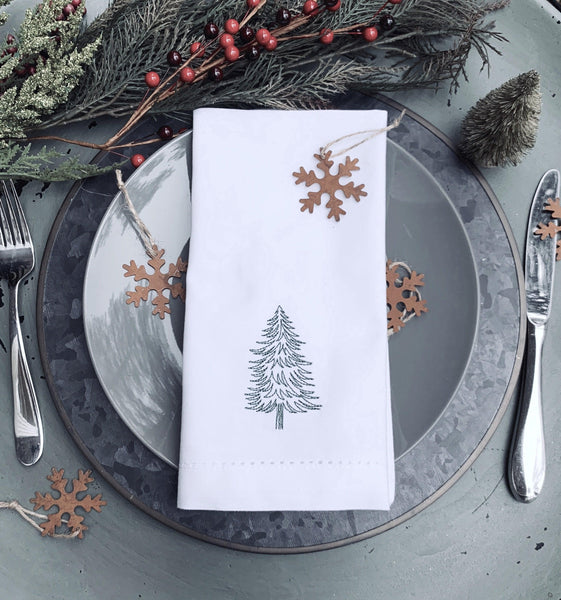 Woodland Christmas Tree Embroidered Cloth Napkins - Set of 4 napkins - White Tulip Embroidery