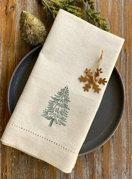 Woodland Christmas Tree Embroidered Cloth Napkins - Set of 4 napkins - White Tulip Embroidery