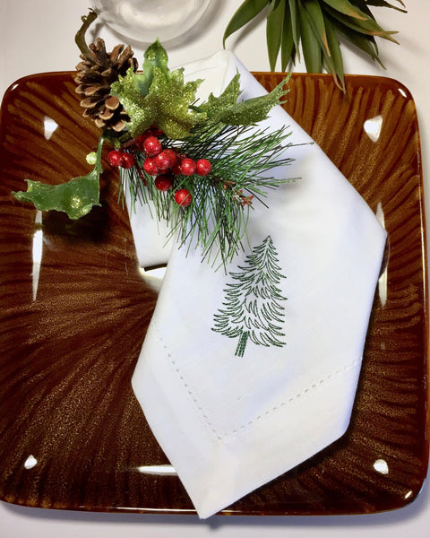 Woodland Christmas Tree Embroidered Cloth Napkins - Set of 4 napkins - White Tulip Embroidery