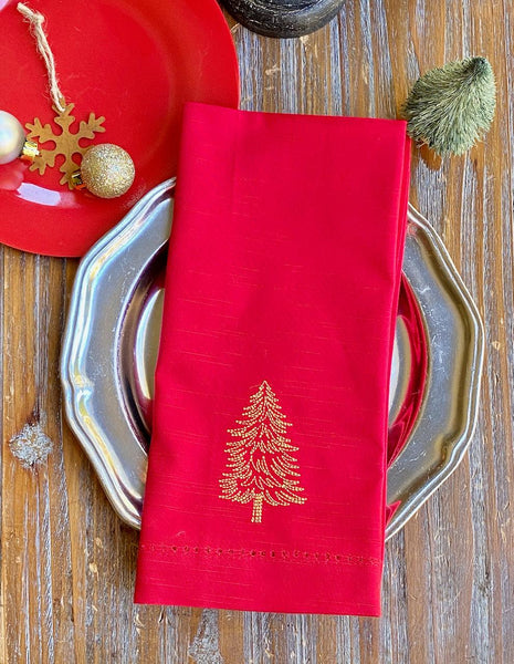 Woodland Christmas Tree Embroidered Cloth Napkins - Set of 4 napkins - White Tulip Embroidery