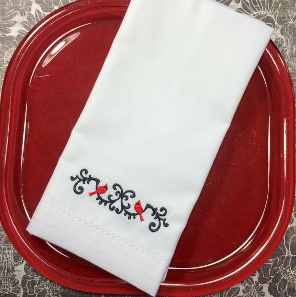 Wrought-Iron Cardinal Christmas Cloth Napkins - Set of 4 Christmas napkins - White Tulip Embroidery
