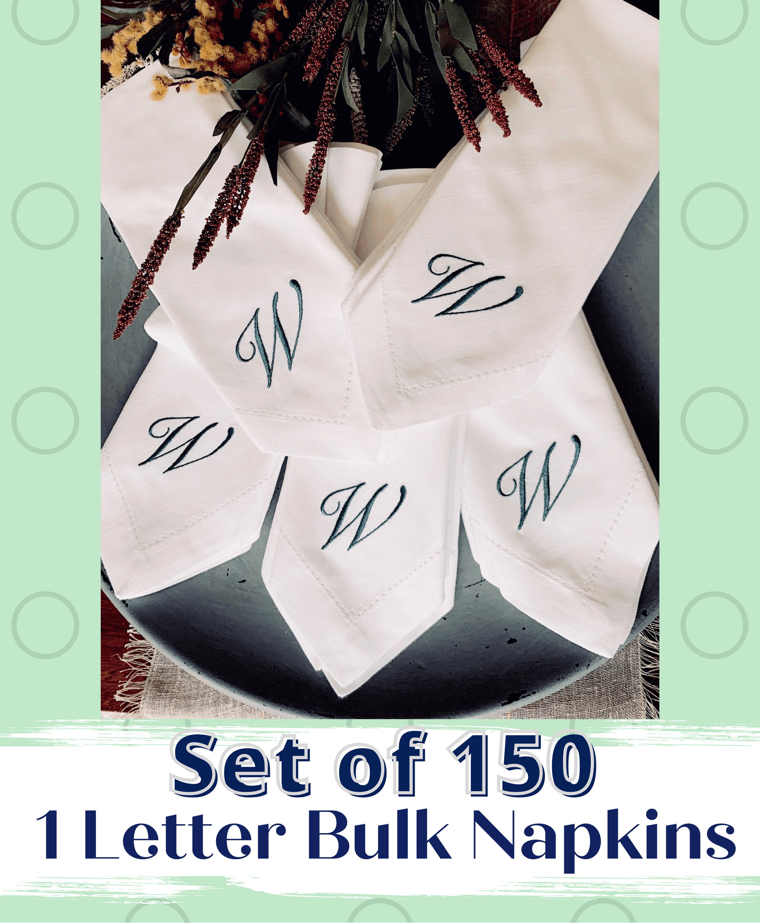 200 Bulk Wedding Monogrammed Cloth Napkins – White Tulip Embroidery