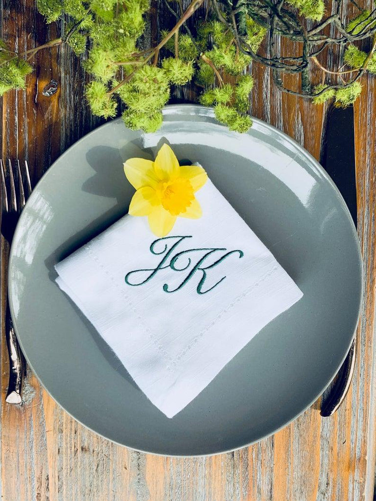25 Bulk Two Initial Script Monogrammed Cloth Napkins - White Tulip Embroidery