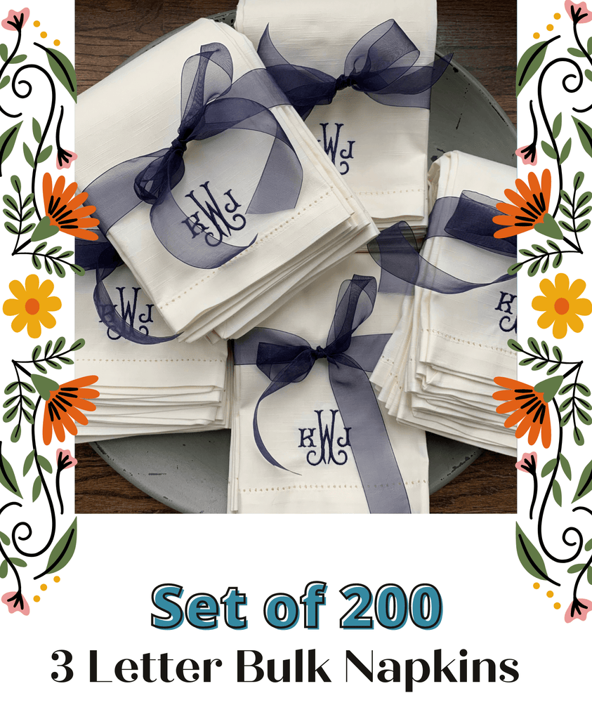 3 Letter Bulk Monogrammed Wedding Napkins, Set of 200, Embroidered Cloth Dinner Napkins - White Tulip Embroidery