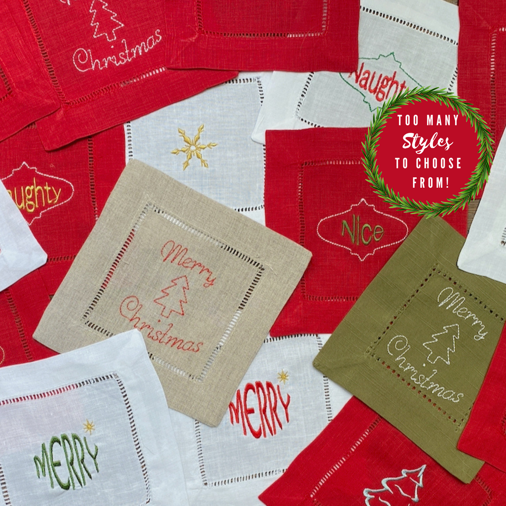Festive Christmas Words Cloth Cocktail Napkins, Set of 4 - White Tulip Embroidery