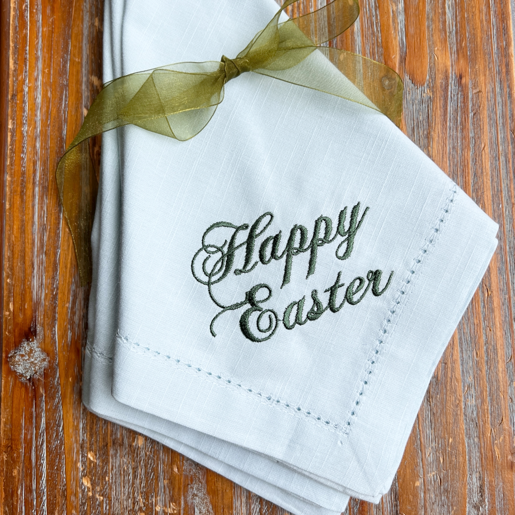 Happy Easter Ella Script Embroidered Cloth Napkins - Set of 4 - White Tulip Embroidery