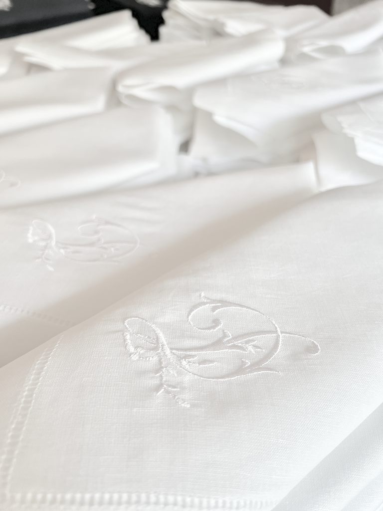 200 Bulk Wedding Monogrammed Cloth Napkins - White Tulip Embroidery