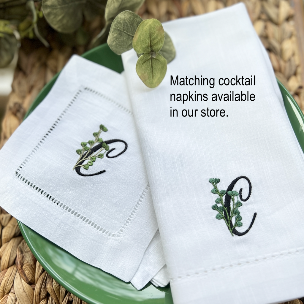 Tropical Garden Leaf Monogrammed Cloth Dinner Napkins - Set of 4 napkins - White Tulip Embroidery