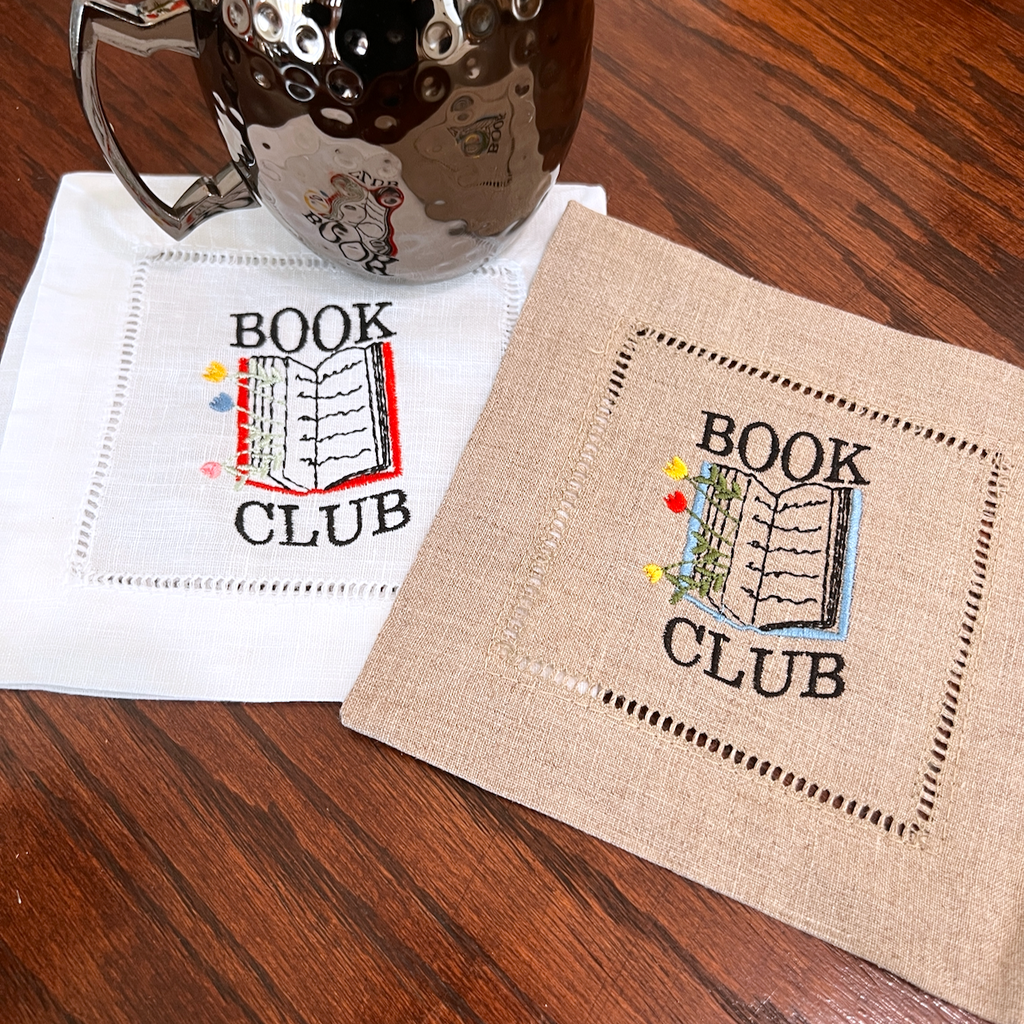 Book Club Cloth Cocktail Napkins, Set of 4, Flowers Growing From Book Club Napkins - White Tulip Embroidery