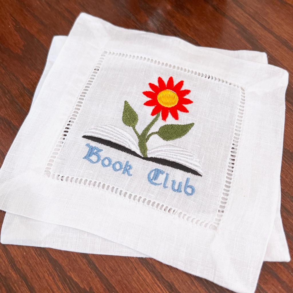 Blooming Flower Book Club Cloth Cocktail Napkins, Set of 4, Book Gift - White Tulip Embroidery