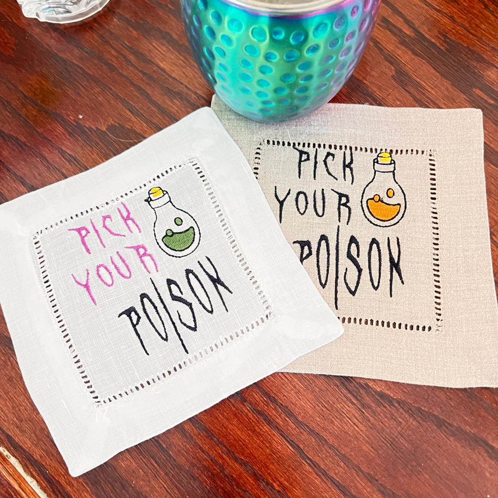 Pick Your Poison Cocktail Napkins, Funny Cocktail Cloth Napkins - White Tulip Embroidery